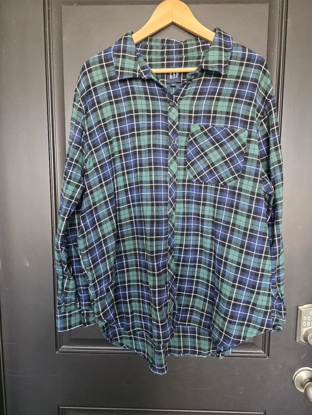 Gap XXL Blue Green Plaid Flannel Button Front Shirt Oversized Pocket Top Women